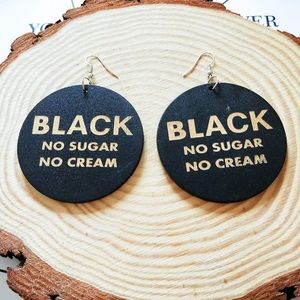 Black Wood round dangle earrings.